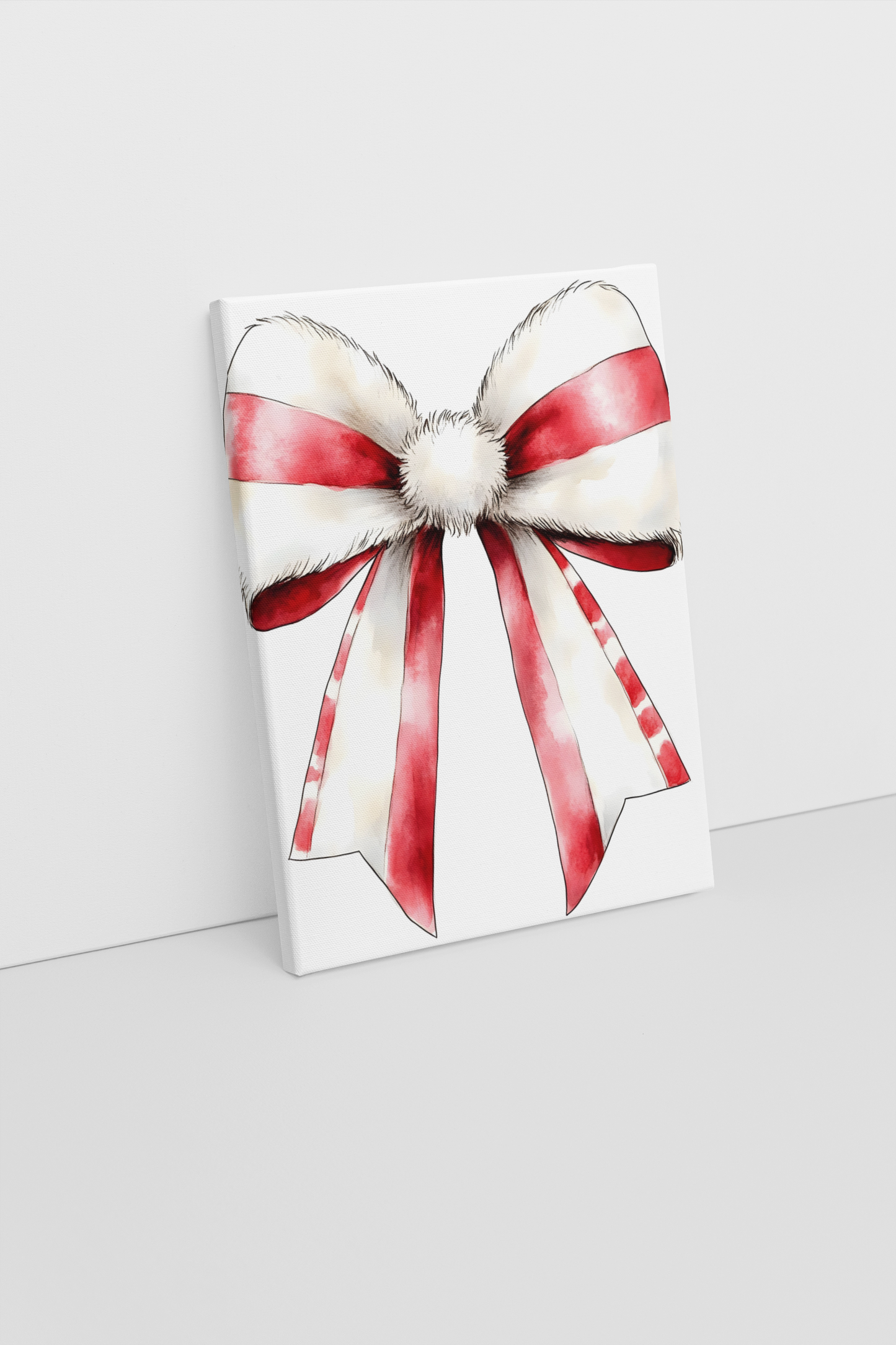 Christmas Bow Art Print – Festive Candy Cane Red and White Ribbon Wall Art | Holiday Canvas or Framed Gift Decor