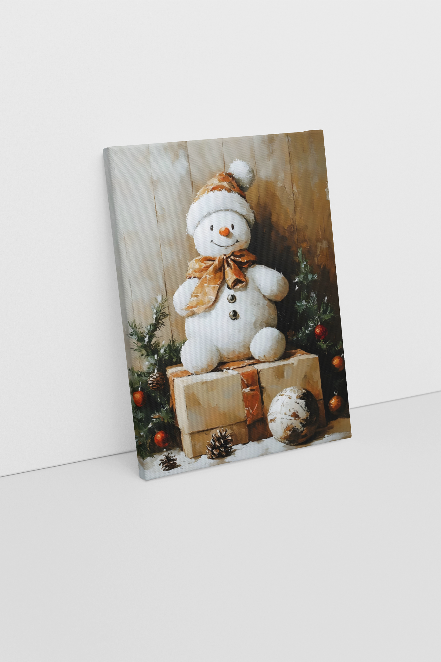 Festive Snowman Canvas Print – Holiday Decor with Gift Boxes, Rustic Style