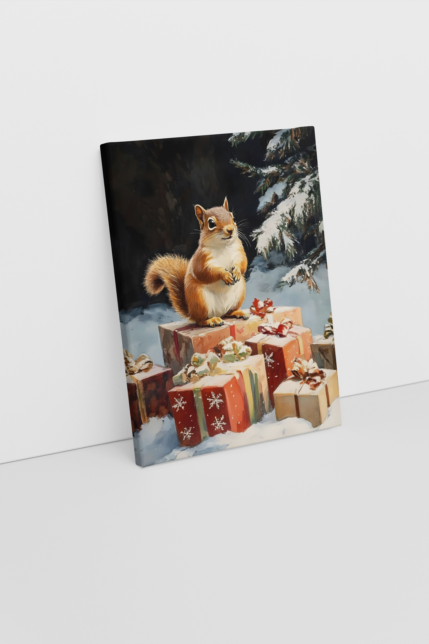 Festive Squirrel Canvas Print with Christmas Presents – Perfect for Holiday Home Decor