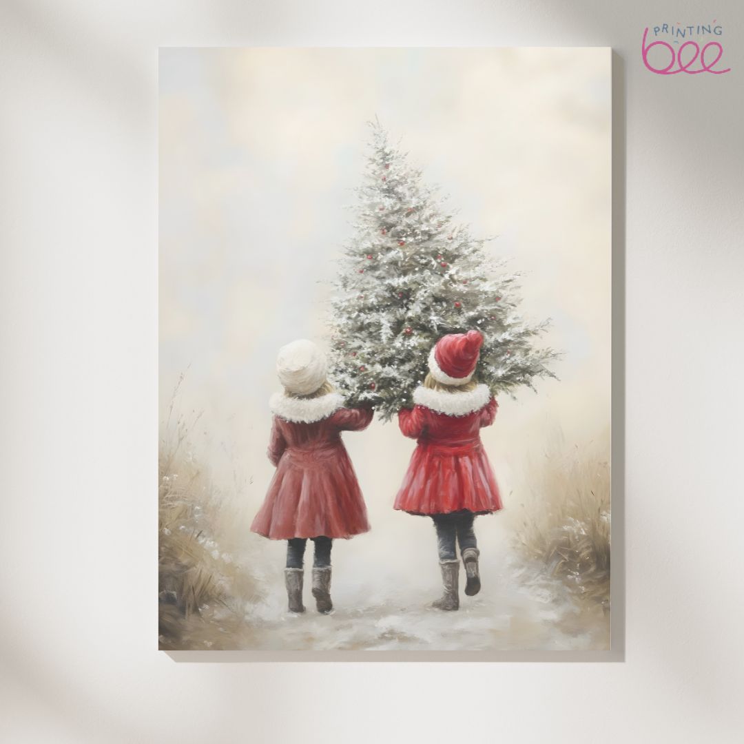 Christmas Tree Canvas Art - Children Carrying Snow-Covered Tree Holiday Wall Decor
