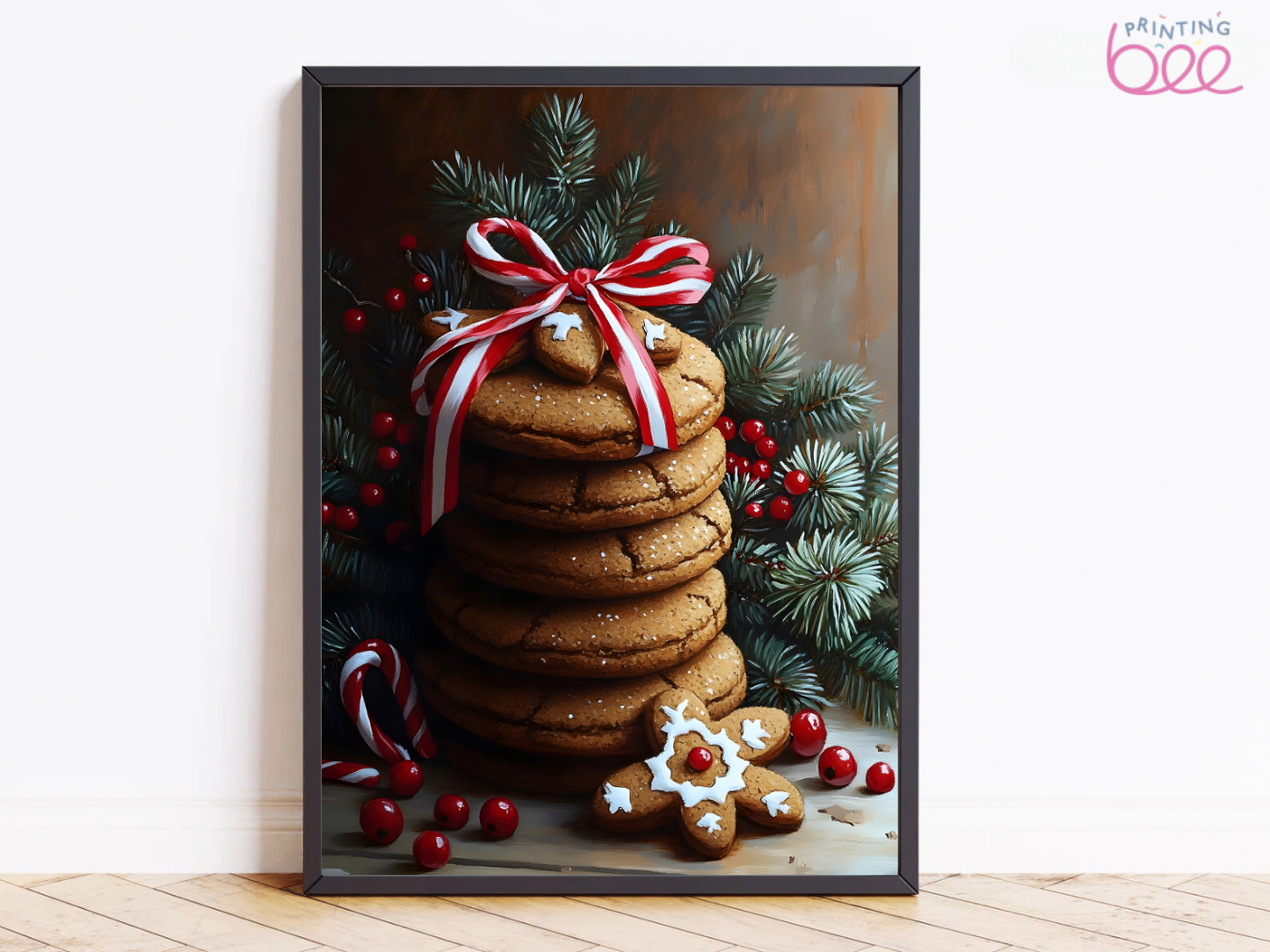 Christmas Gingerbread Cookie Stack Wall Art – Festive Holiday Canvas Print with Pine and Candy Cane Accents