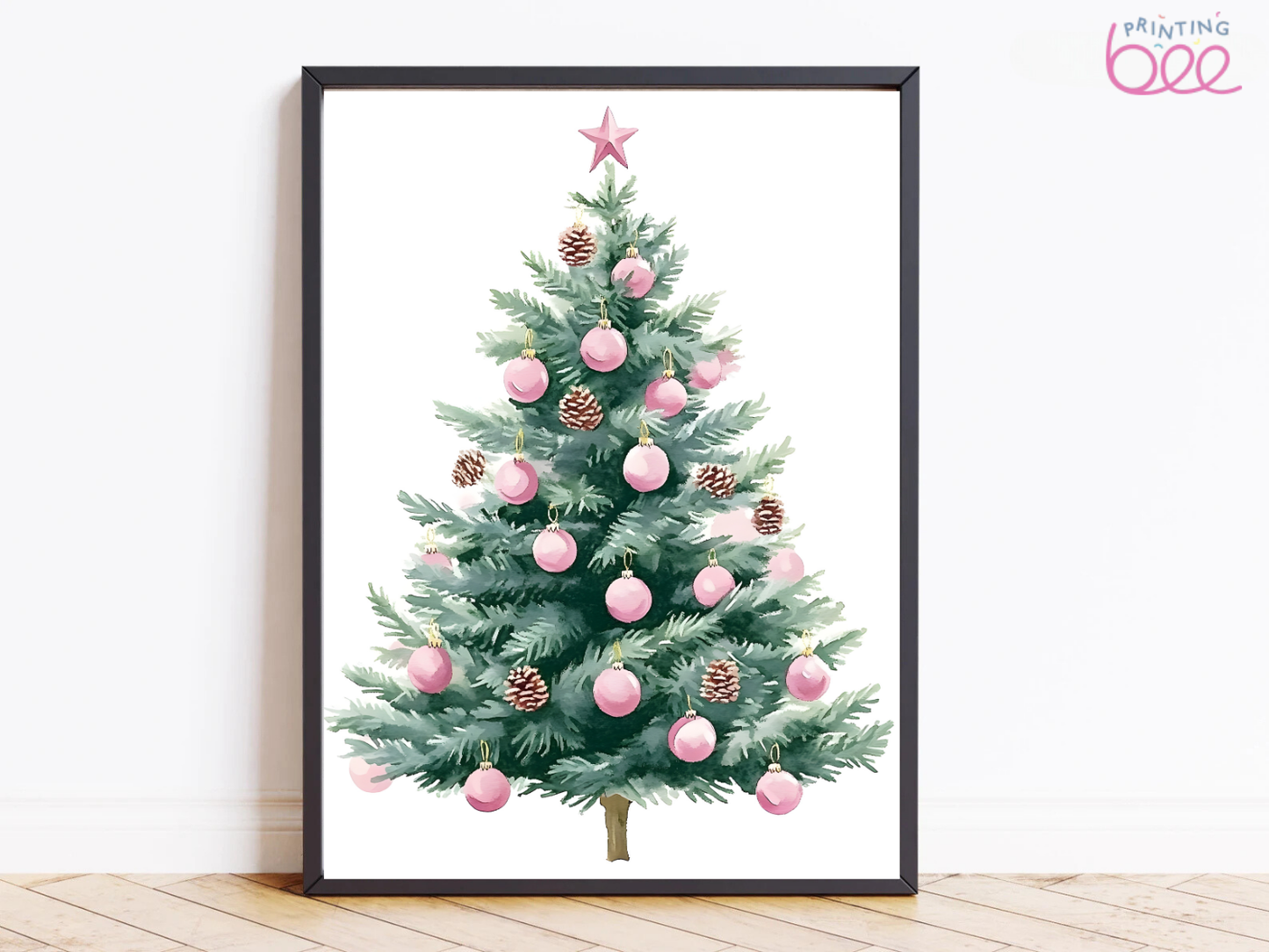 Christmas Tree with Pink Ornaments Art Print – Festive Holiday Canvas Wall Décor