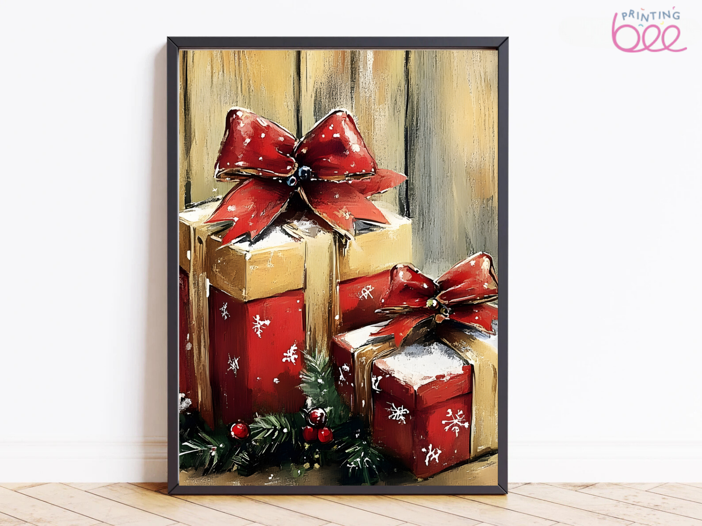 Festive Holiday Gift Boxes Canvas Art – Red and Gold Christmas Gift Stack with Bow and Snowflakes | Perfect Holiday Wall Decor