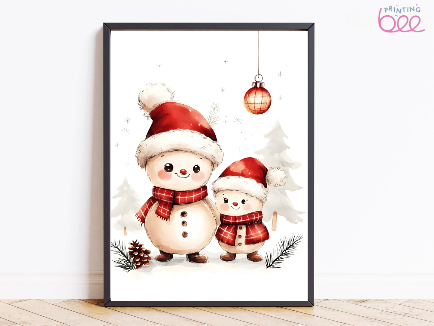 Adorable Snowman Family Christmas Art Print – Cute Winter Decor for Kids’ Room & Festive Holiday Home Decoration