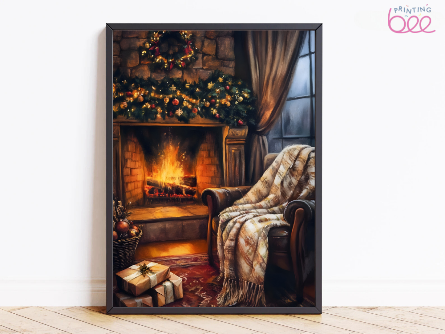 Christmas Fireplace Scene Canvas Art - Cozy Fireplace with Hanging Stockings Decor