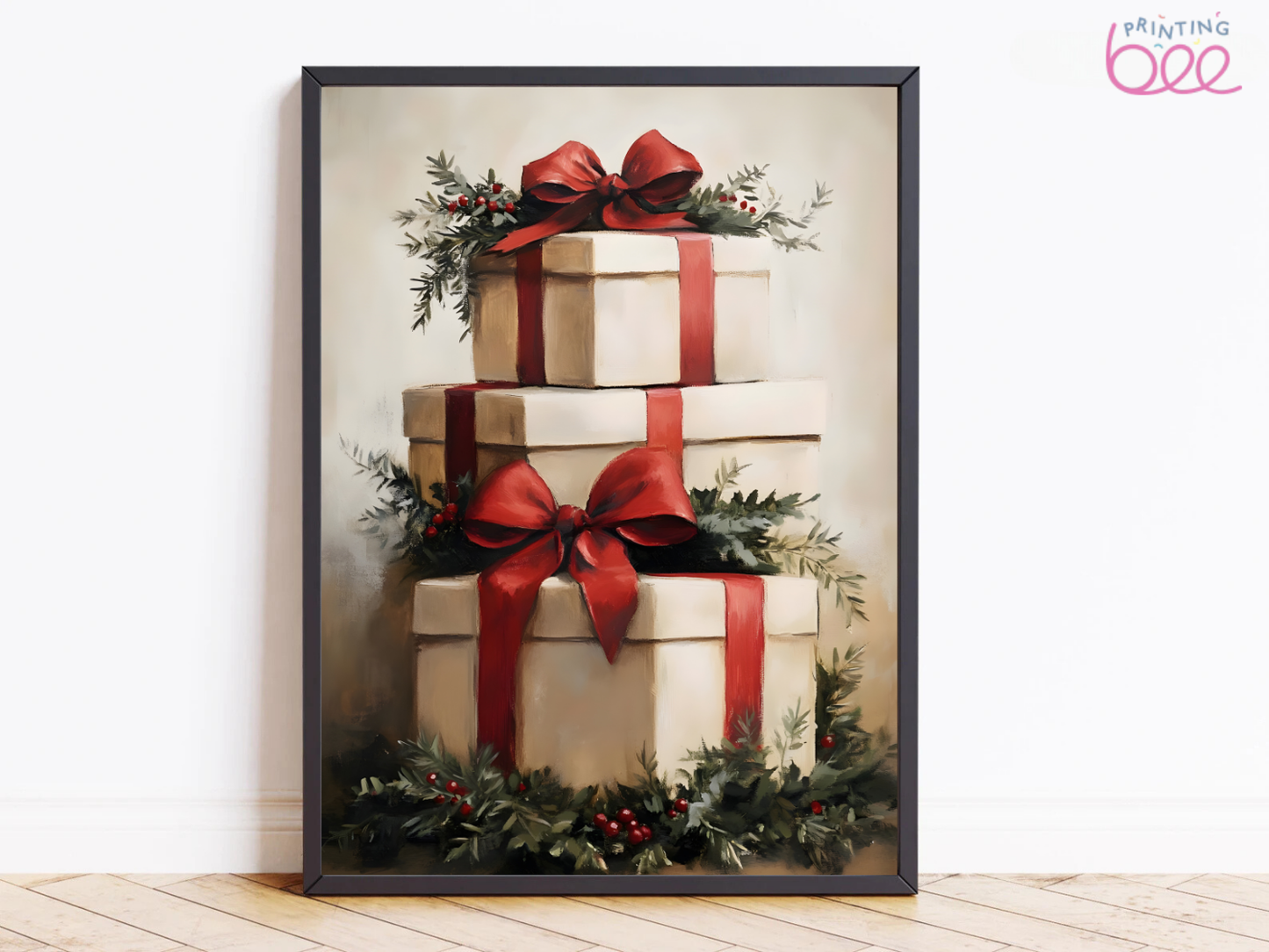 Festive Holiday Gift Boxes Canvas Art - Christmas Wrapped Gifts with Red Bows Decor