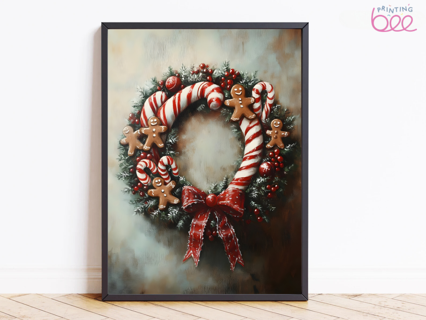 Candy Cane & Gingerbread Wreath Canvas Art - Christmas Gingerbread Man Holiday Wreath