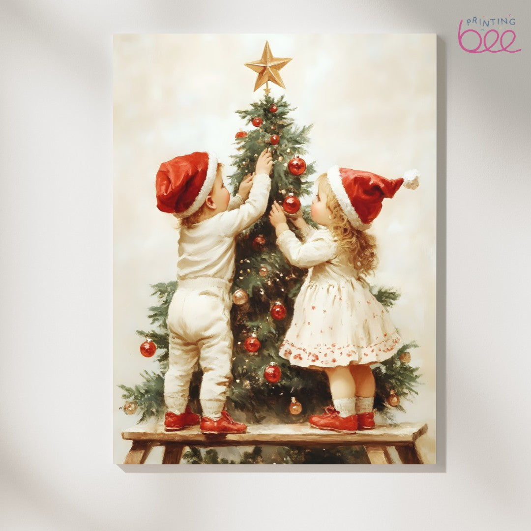 Nostalgic Christmas Kids Decorating Tree Print