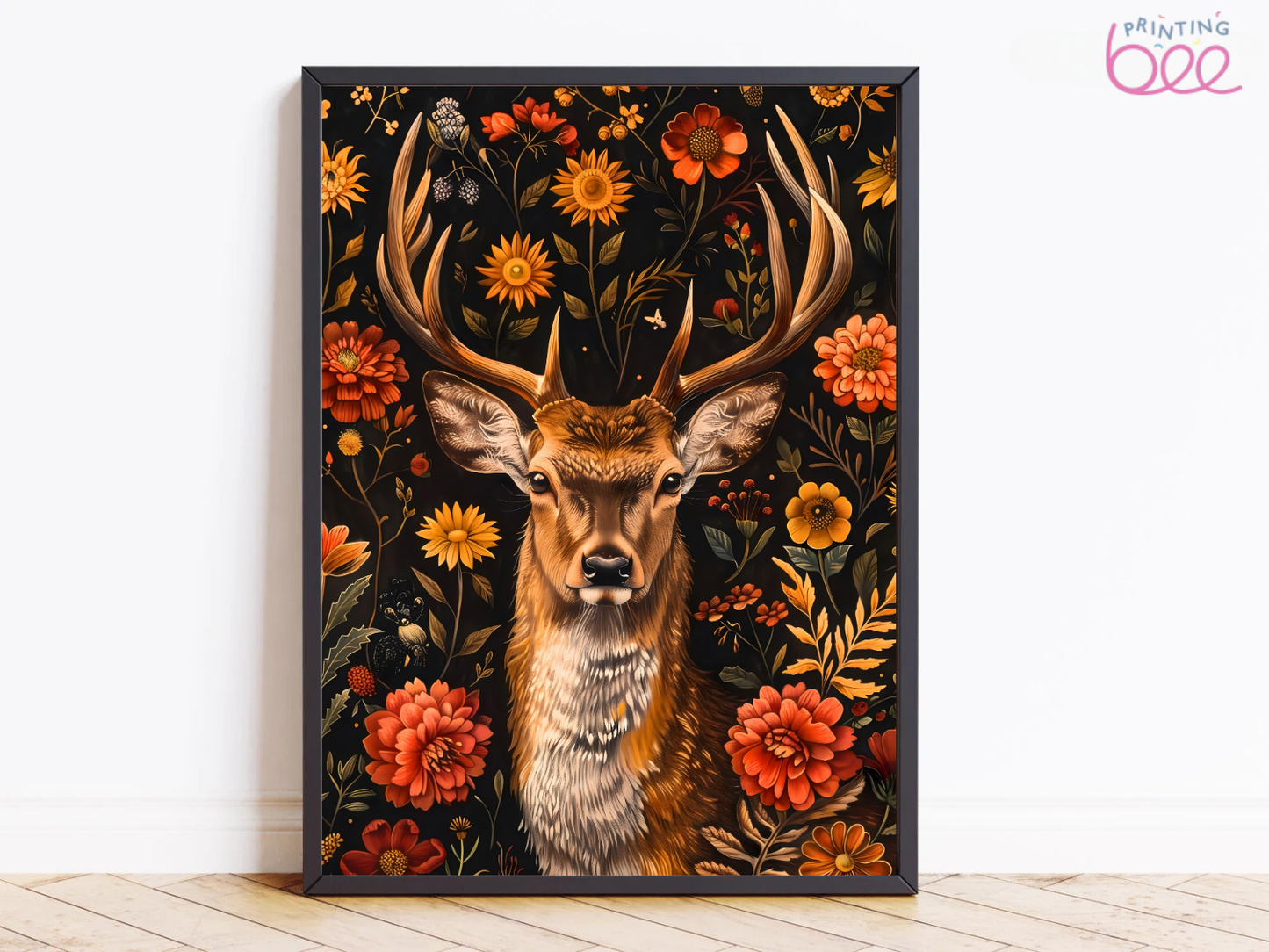 Majestic Deer with Floral Background – Nature-Inspired Art Print on Canvas or Fine Art Paper