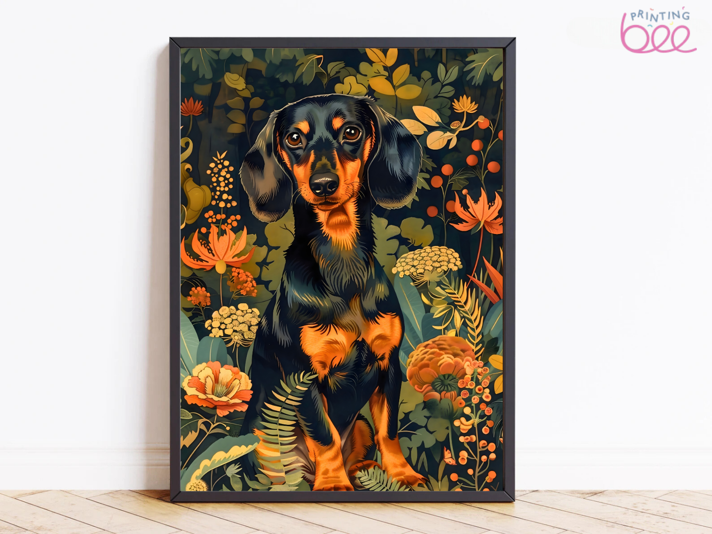 William Morris Dachshund Motif – Whimsical Floral Art Print on Canvas and Paper