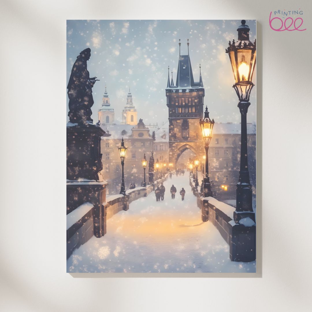 Snowy Bridge with Lanterns Winter Art Print