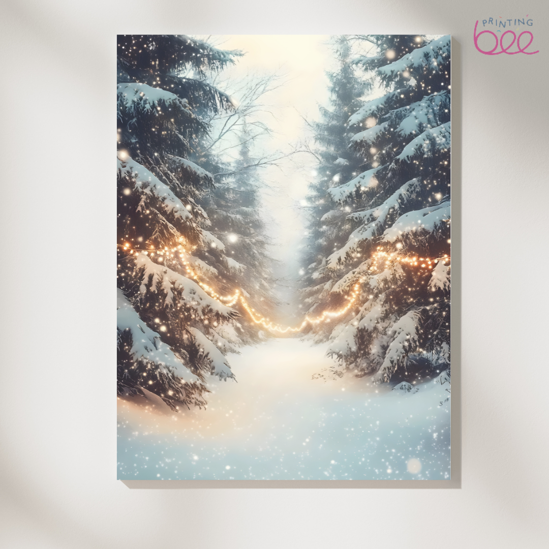 Snowy Forest with Christmas Lights Print