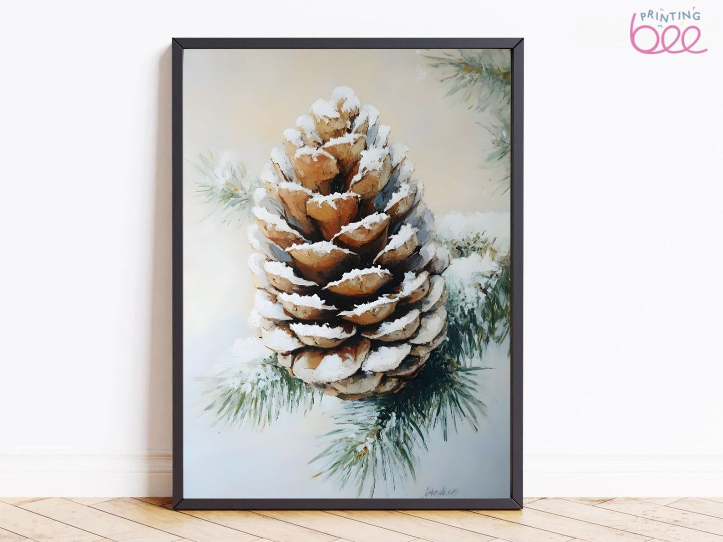 Snowy Pine Cone Canvas Wall Art – Winter Woodland Decor, Nature-Inspired Christmas Print