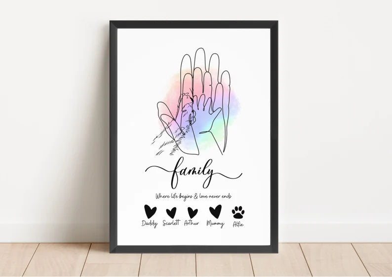 Family Hands Line Art Gift, Newborn Baby Line Art, New Parents Gift, Gift for Mum Dad, Birthday Gift for Parents, Rainbow Present Wall Art