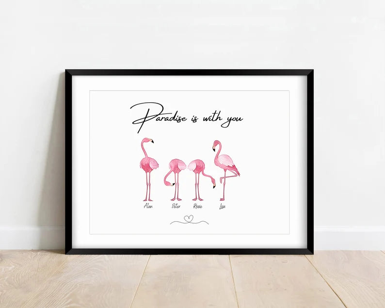 Personalised Family Flamingo Print, Custom Character Gift, New Family Animal, Watercolour Flamingo Decor, New Home Present, Pink Flamingo