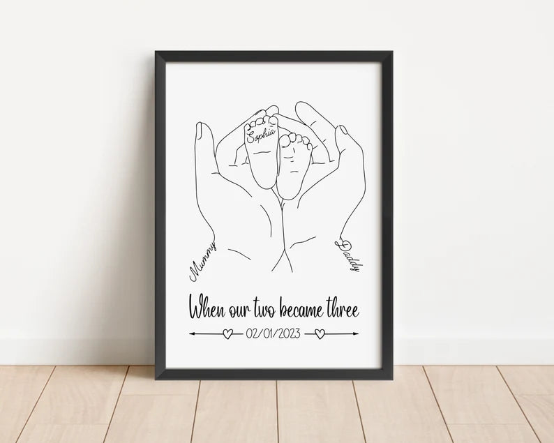 Personalised New Baby Print, Mother's Day Gift, Gift for New Parents, Minimalist Line Art, Baby Feet Gift Print, Names and Date of Birth Art