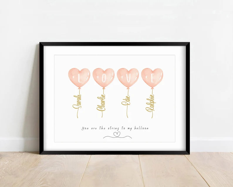 Personalised Family Portrait Print, Custom Balloon Line Art, Watercolour Art, Mother Father Gift, Anniversary Gift, New Mummy Gift from Dad