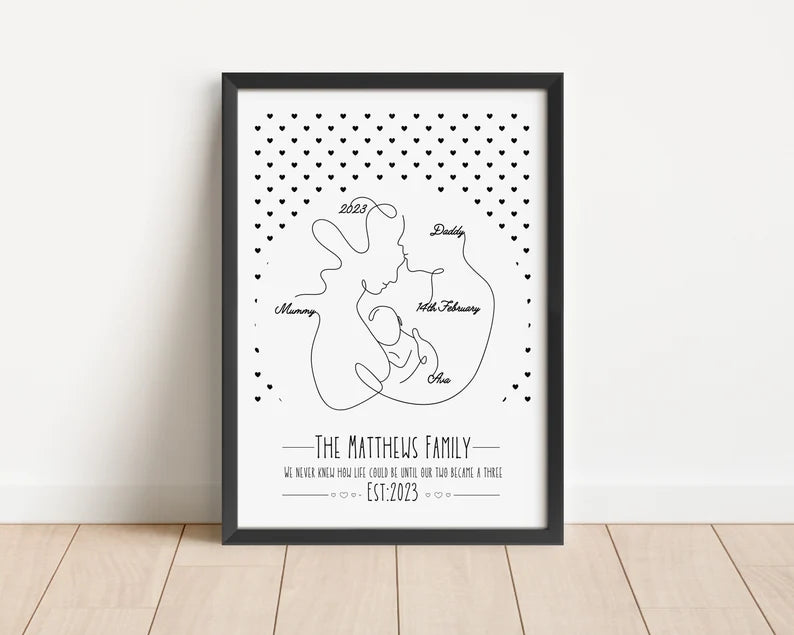 Personalised New Parents Gift, Gift for New Mummy Daddy, Minimalist Line Art Print, Gift Basket Print, Family Birth Stats Wall Art, Newborn