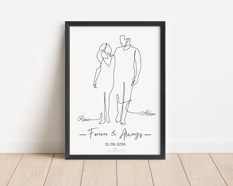 Couples Line Art Print, Anniversary Keepsake, Line Art Drawing, Gift for Wife Husband, Fiance Gift, Couple Print Poster, Wall Décor Gift