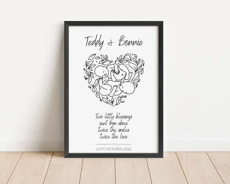 Personalised Twins Print, Gift for New Family, Twin Babies, Minimalist Line Art, Baby Shower, Family Names, Date of Birth, New Mummy & Daddy
