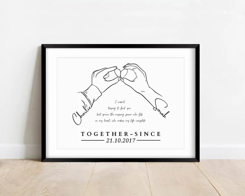 Personalized Couple Line Art Print, Custom Hands Drawing, Names & Date, "Together Since" Quote, Anniversary Gift, Minimalist Art for Home