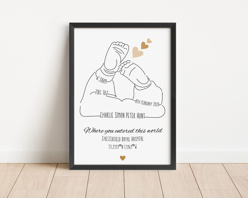 Personalised Baby Birth Gift, Custom Baby Print, Baby Shower Gift, Minimalist Line Art, Birth Stats Decor, Newborn Birth Celebration Print