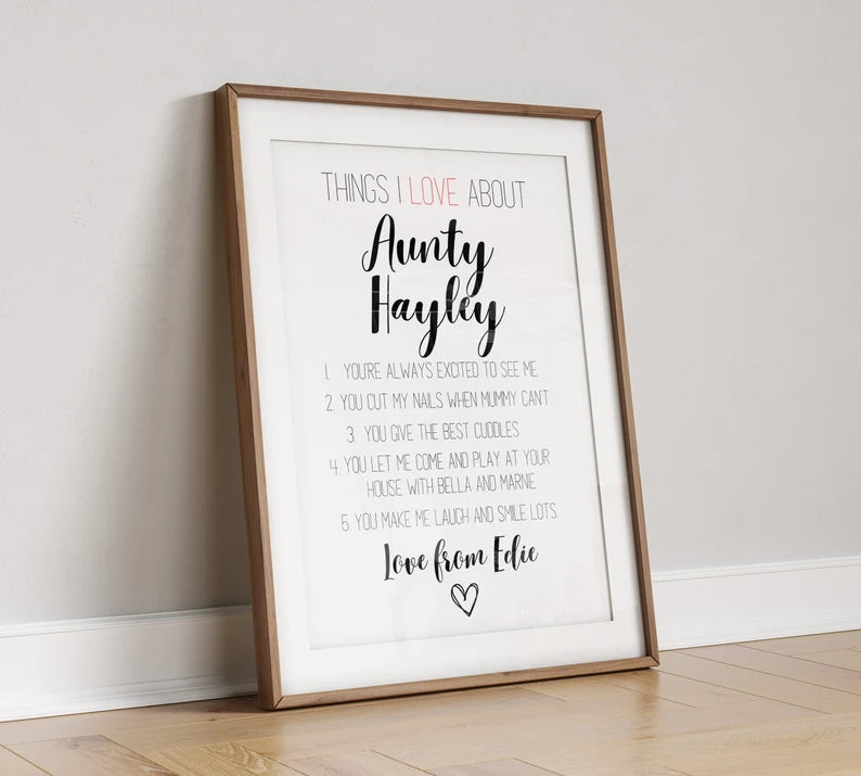 Cute Auntie Print, Reasons I Love You Poster, Gift to Aunty, Aunt Birthday Gift, Gift from Nephew Niece, Sister Birthday Gift