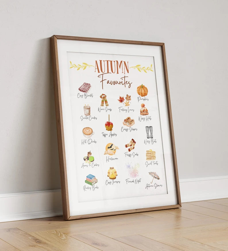 Autumn Photo Gift Print, Autumn Favourites, Family Gift Print, Personalised Fall Poster, Autumnal Decor, Seasonal Wall Art, Watercolour Art