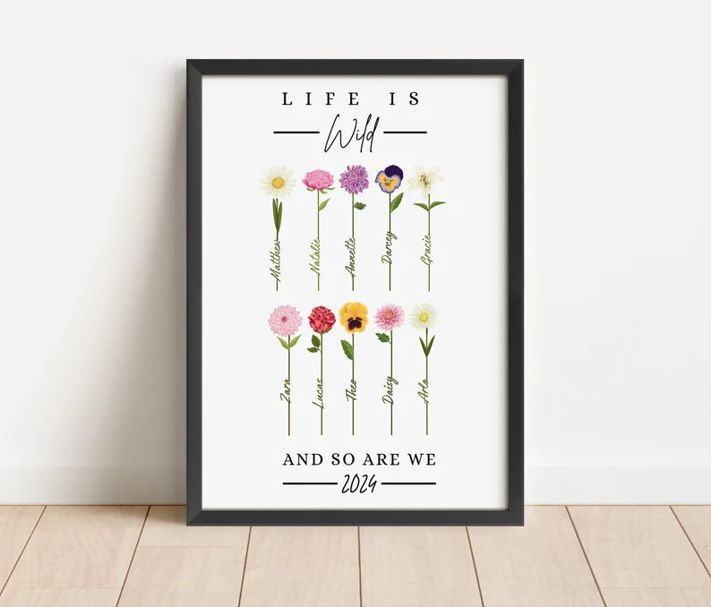 Custom Family Flower Gift, Wild Flower Birthday Gift, Grandparents Mum Frame, Nana Gift for Her, Thank You Decor, Watercolour Wall Art