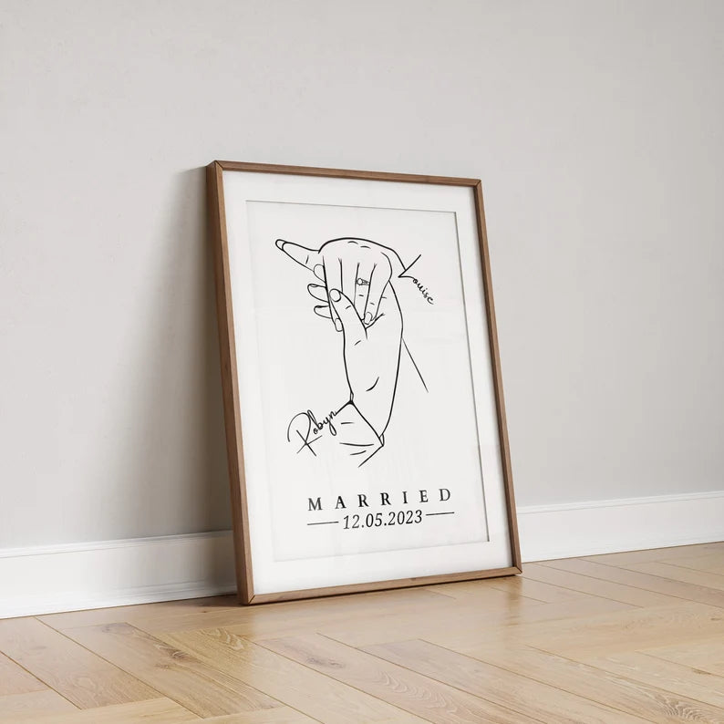 Married Personalised Hand Print, Just Married, Wedding Line Art, Wedding Gift, Holding Hand Gift, Anniversary Gift Idea, Bride and Groom Art