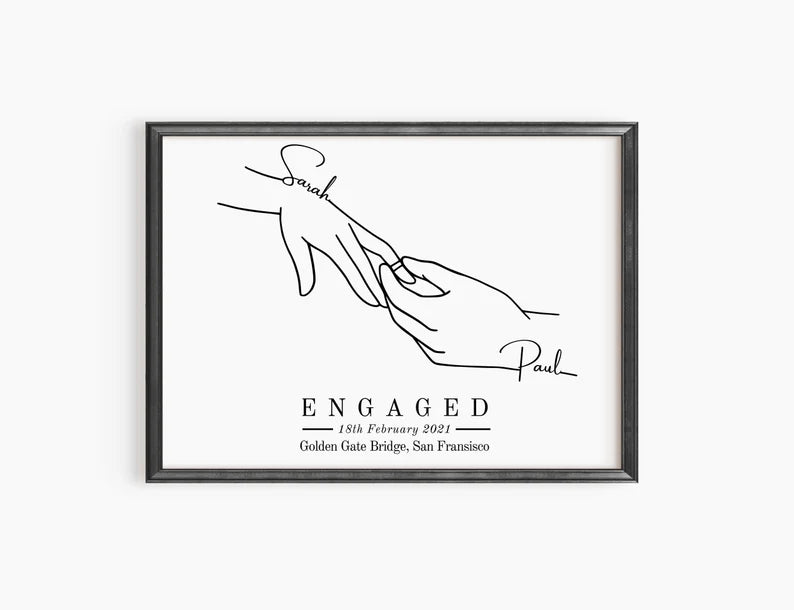 Custom Engagement Gift, Personalised Engaged Hands Print, Gift for Newly Engaged Couple, Best Friend Present for Engagement, Fiancé Gift Art