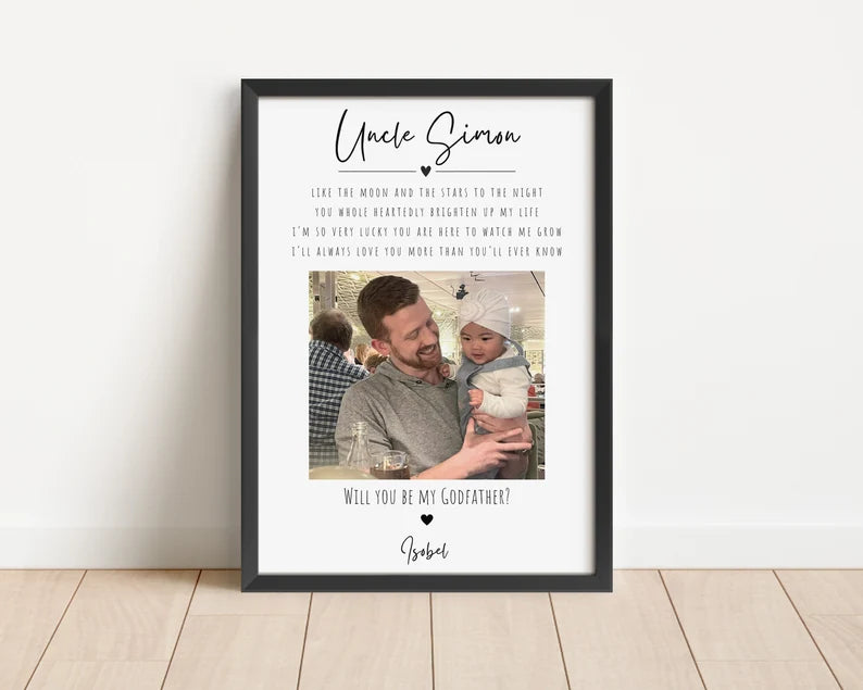 Personalised Godfather Proposal Print with Photo & Quote, Custom Will You Be My Godfather Gift, Baby Christening Gift, Godparent Request