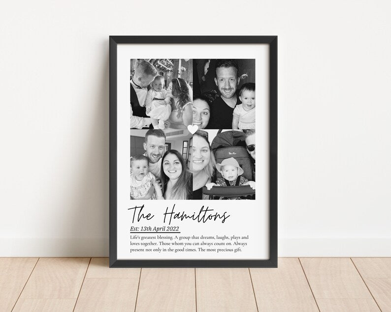Custom Family Photo Collage Print, Personalised Family Name Wall Art, Family Established Date Gift, Framed Photo Keepsake Decor for Her Him