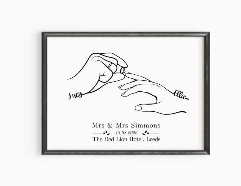 Custom Wedding Line Art Print | Personalised Couple Hand Drawing | Mrs and Mrs Wedding Gift | Custom Names & Venue | LGBTQ Wedding Keepsake