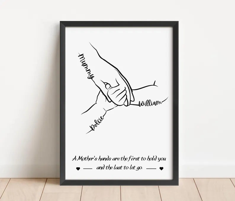 Personalised Mother Hands Print, 1 to 5 Child Hands, Mum Birthday Gift for Her from Son Daughter, Minimalist Line Art, Mummy Family Quote