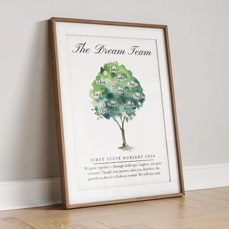 Personalised Work Leaver Tree, Retirement Gift, Custom Names, Dream Team Print, Colleague Promotion Gift, Office Farewell, Watercolour Print