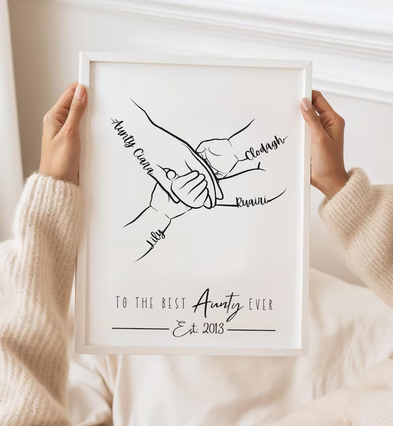Custom Auntie Hands Print, Birthday Gift for Aunty from Nephew Niece, 1 to 4 Child Hands, Minimalist Line Art, Aunt Family Hands Keepsake