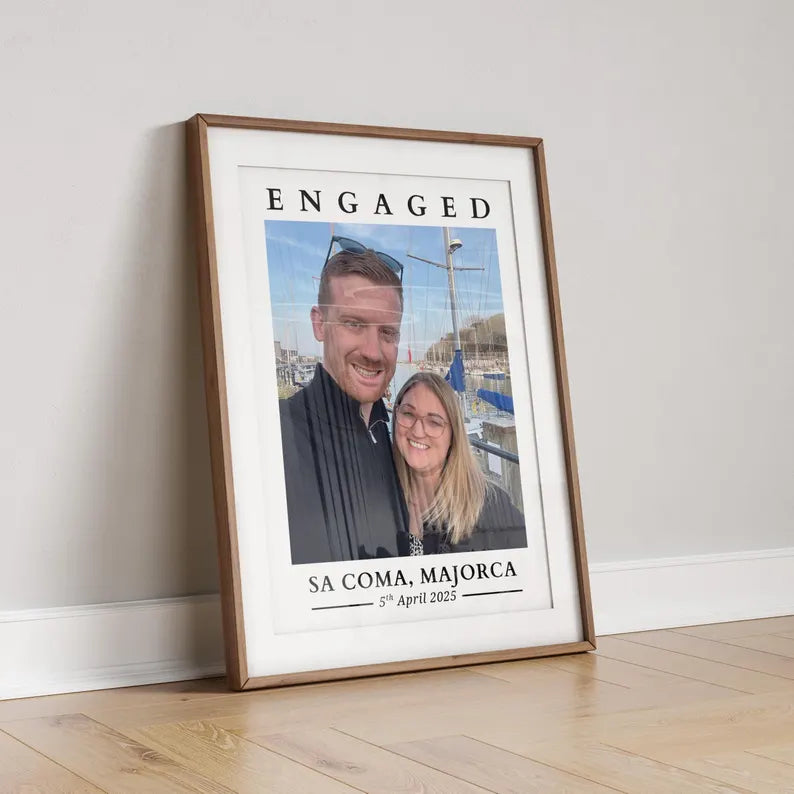 Custom Engagement Photo Print, Personalised Engagement Gift with Location & Date, Engaged Gift for Couple, Anniversary Present for Fiance