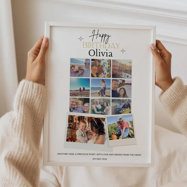 Custom Birthday Photo Collage Gift, Personalised Picture Frame with Name, Message, Photos, Unique Milestone Gift for Her, Mum Wife Friend