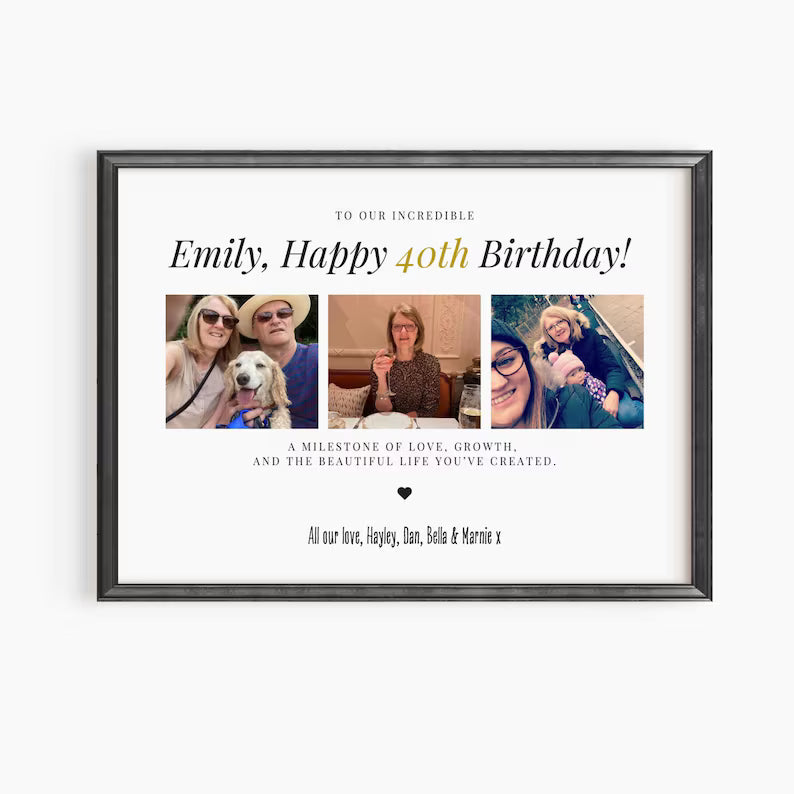 40th Birthday Personalised Photo Gift, Milestone Custom Print, Gift for 40th Birthday, Unique Birthday Gift Frame for Mum Dad Friend Sister