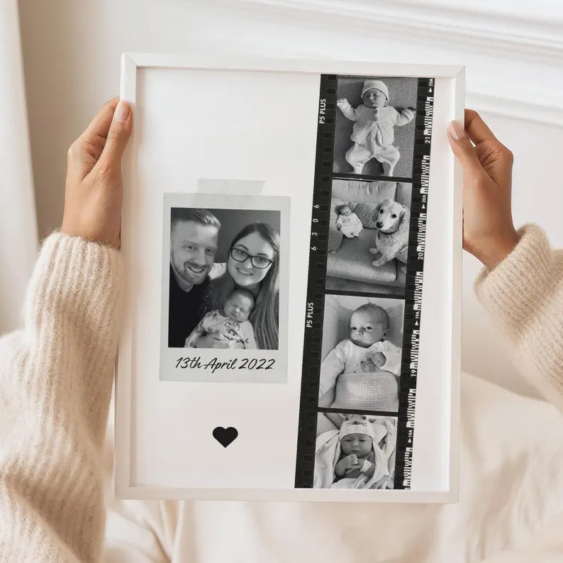 Personalised Baby Photo Strip Print, Birth Date Wall Art, Custom Newborn Keepsake, Black and White Family Photo Gift for Parents, Baby Gift