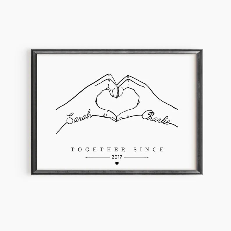 Custom Couple Line Art Print, Personalised Hands Forming Heart, Names and Date Print, Minimalist Anniversary Gift, Valentines Day Gift Print