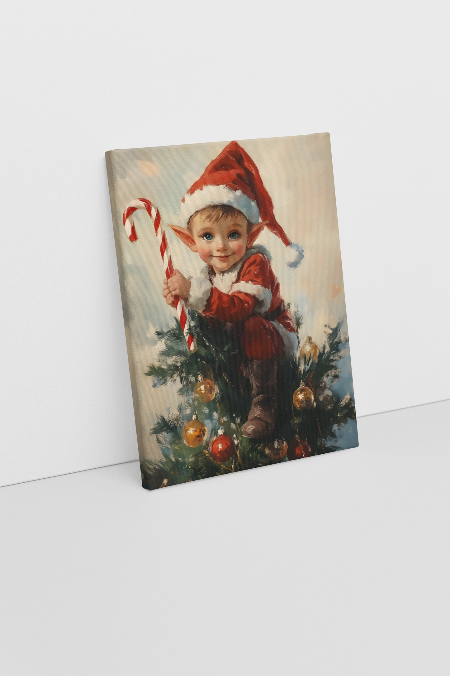 Santa’s Little Elf Canvas Print - Cute Child Elf with Candy Cane Holiday Wall Decor