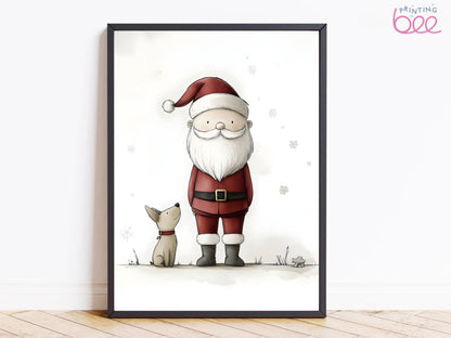 Cute Santa Claus and Dog Canvas Art Print - Christmas Minimalist Santa Decor for Kids