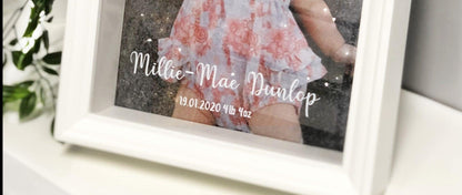 canvas baby photo in picture frame front view with details printed on acrylic