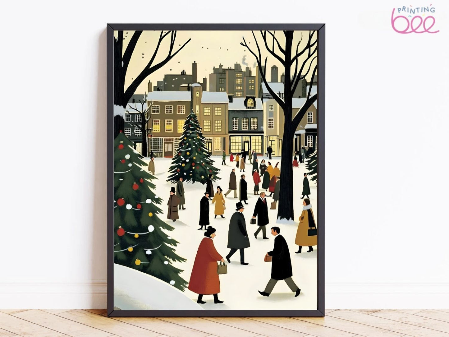 Charming Winter Village Canvas Art – Festive Christmas Scene with City Square and Christmas Tree
