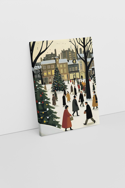 Charming Winter Village Canvas Art – Festive Christmas Scene with City Square and Christmas Tree