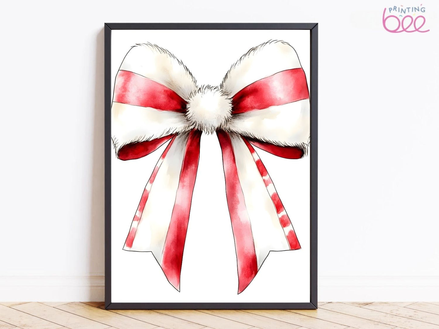 Christmas Bow Art Print – Festive Candy Cane Red and White Ribbon Wall Art | Holiday Canvas or Framed Gift Decor