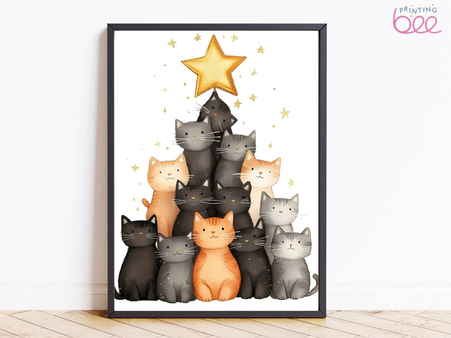Christmas Cat Tree Canvas Print | Festive Feline Holiday Wall Art | Whimsical Cat Stack with Star Topper