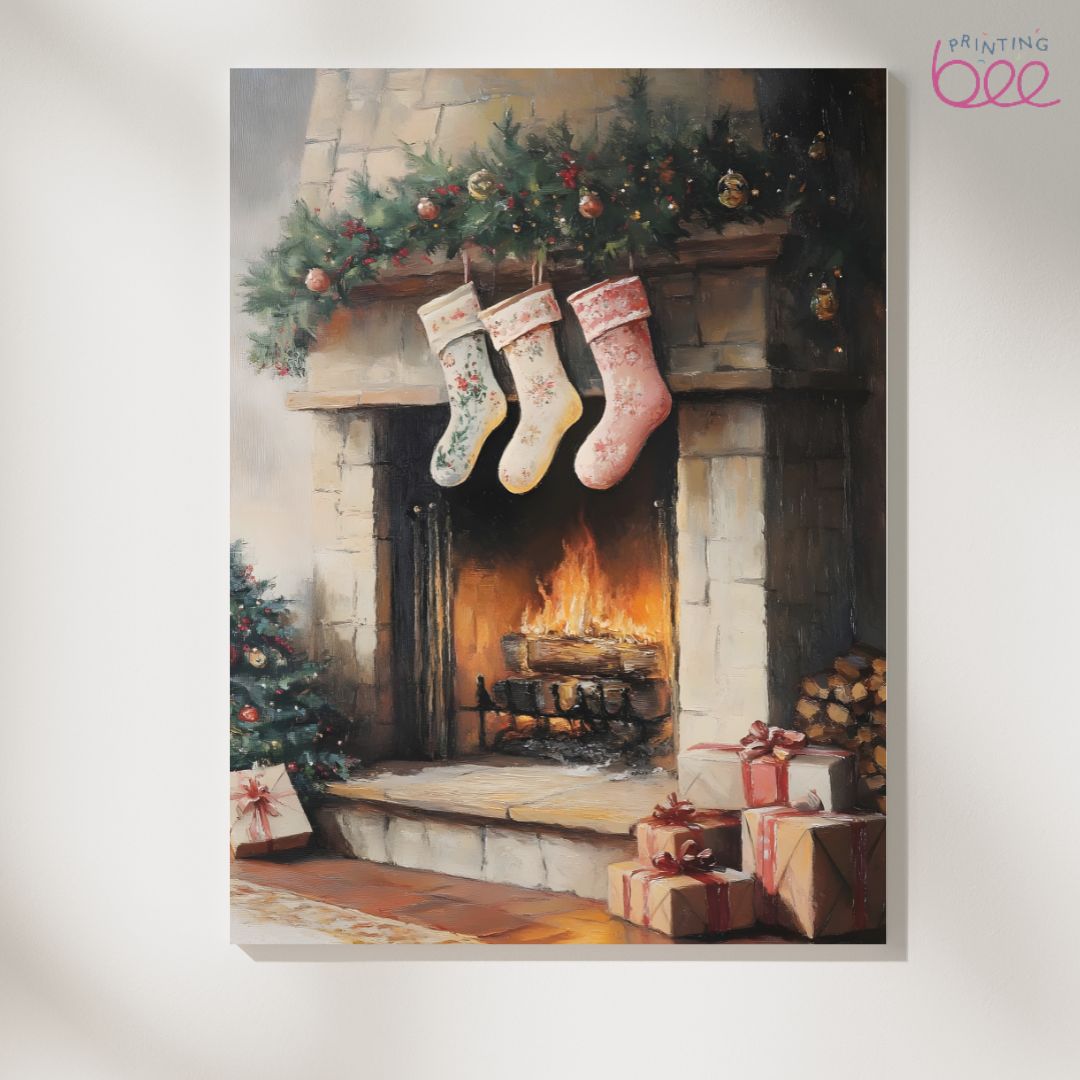 Christmas Fireplace with Stockings Art Print